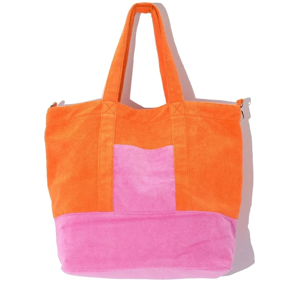 Echo Terry Rocker Large‎ Beach Tote Bag Orange Pink Color-Blocked Casual Roomy - Picture 2 of 12